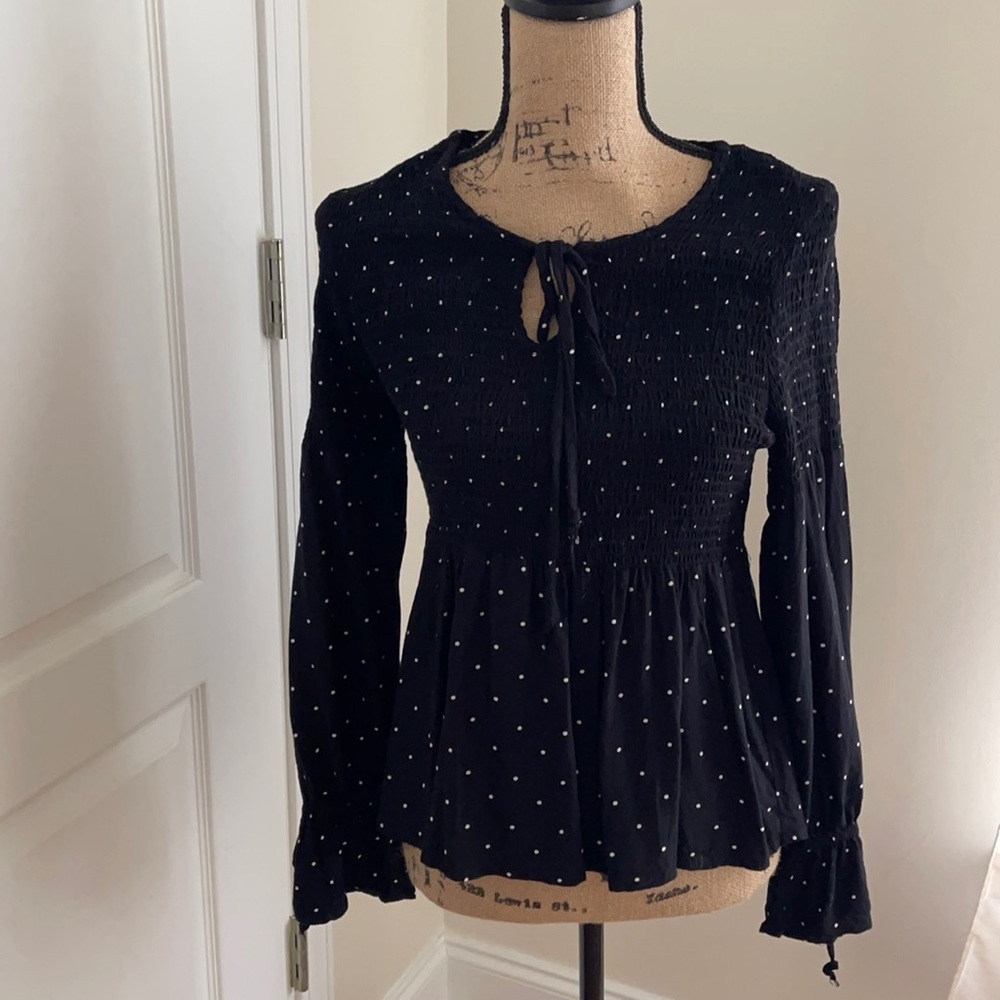 Blue Rain black and white polka dot blouse, XS